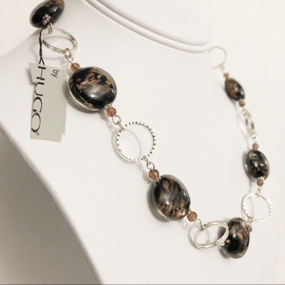 Hugo Sparkly Beaded Silver Tone Necklace NWT